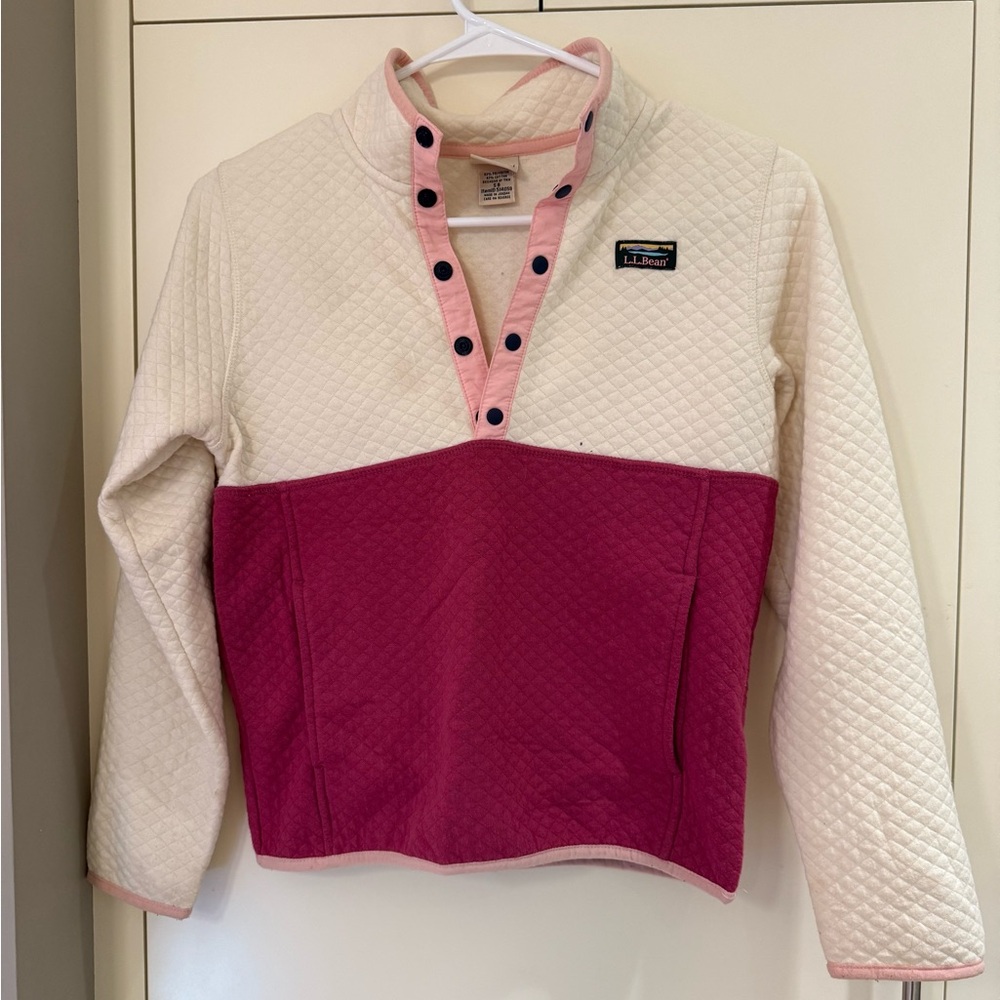 L.L. Bean Kids' Cream and Pink Snap Pullover. Girls size small (8)